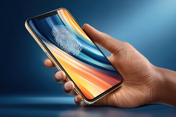Hand holding a smartphone with fingerprint scan on colorful display against a blue backdrop