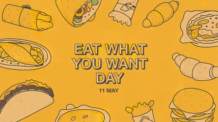 Eat what you want day illustration with sketch style fast food elements on yellow background, celebrating culinary freedom and indulgence on may 11