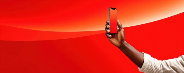 Holding a smartphone against a bold red gradient background for modern mobile technology concept