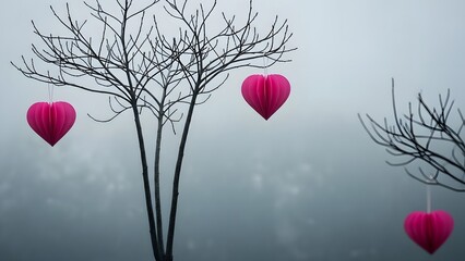 Heart shaped lanterns hanging from leafless trees on a foggy day