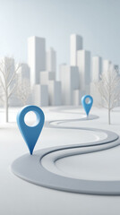 Blue pointer pins along city street against abstract background of white cityscape indicating city routes and destinations. Concept of logistics, connection, navigation and travel.	
