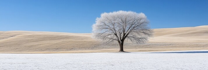 A Majestic Snow-Covered Deciduous Tree Standing Alone in a Winter Wonderland Landscape Scene