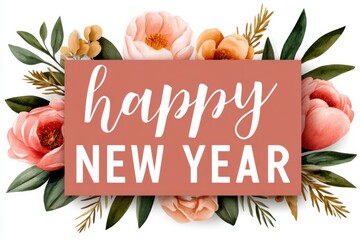 Happy New Year card with pink floral border and elegant script typography