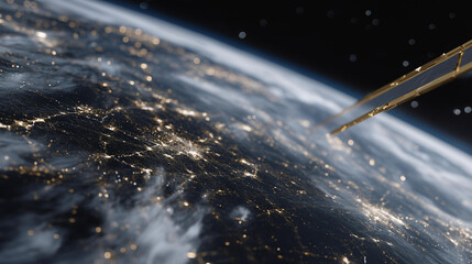 Satellite close-up with glowing data streams overlaid, representing real-time satellite data, analytics, and global information networks. cinematic color correction, natural uneven lighting yet