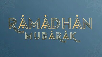 Stylized gold text 'RAMADHAN MUBARAK' on a dark teal background with subtle geometric patterns, celebrating the holy month.