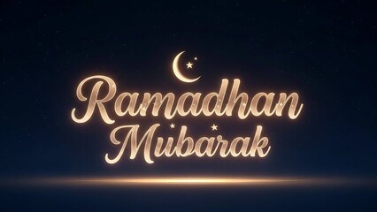 Elegant "Ramadhan Mubarak" text with a crescent moon and star symbol on a dark blue background, symbolizing the Islamic holy month.