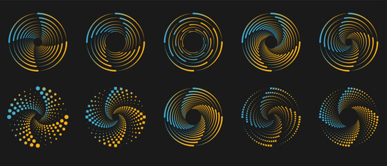 Abstract Halftone spiral pattern set with blue yellow radial dots and abstract symmetry, vector and png File