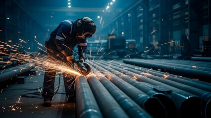 Cinematic industrial construction site at night, worker wearing protective welding mask and full safety gear cutting large steel pipes using an angle grinder. Bright sparks flying dramatically in slow