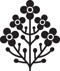 Stylized floral branch with five blooming flowers and buds isolated on transparent background