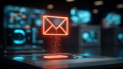A holographic red mail icon representing digital communication flow, cybersecurity awareness and technological information transfer.
