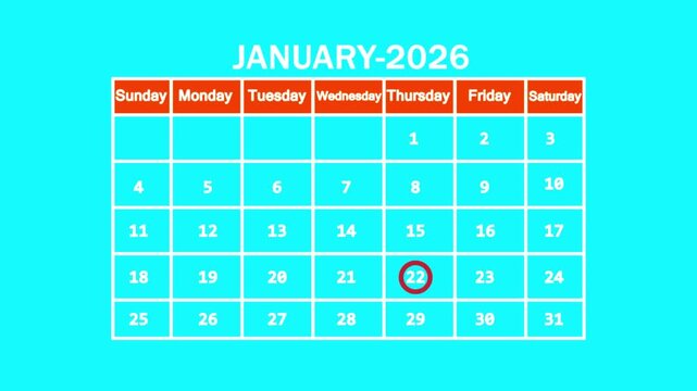 The calendar of January month 22th day is red circled, looped animation. A very important date in the calendar. Signing a day on a calendar. cyan background