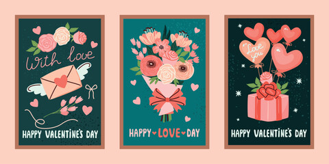 Fototapeta premium Valentine's Day greeting cards collection with flowers bouquet, love letter, gift with balloons. Hand drawn romantic objects on a background with grainy texture. Vector cartoon festive illustrations.