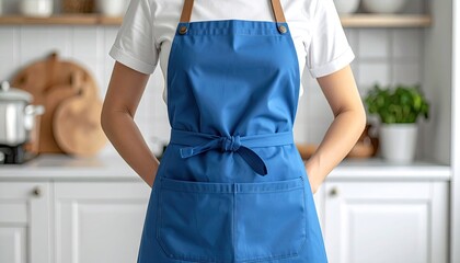 Person Wearing Blue Apron In A Bright Kitchen With White Cabinets And Countertops And A Pot On The Stove