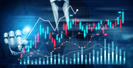 A visually striking image of a businessman with a robotic hand analyzing stock market trends, showcasing graphs and charts on a digital screen, symbolizing financial insights and opportunities. Scalp
