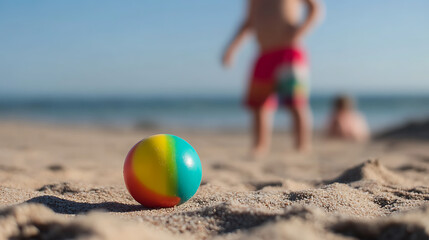 Obraz premium Colorful ball on the beach sand with children playing in the background, against the blue sky. Perfect for a family day out at the beach and kids playing and enjoying.