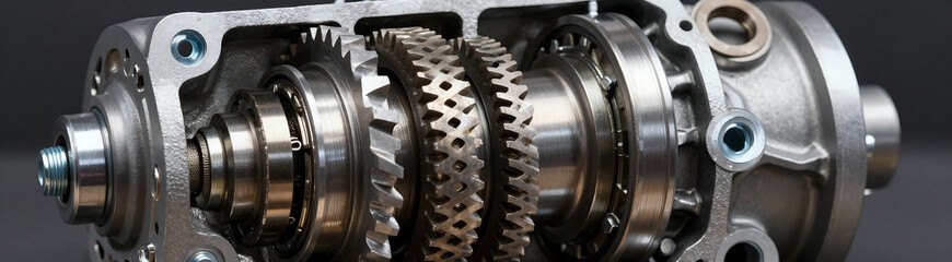 tight detailed mechanical gearbox assembly features interlocking gears bearings bolts washers gaskets set