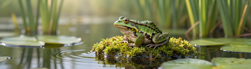tranquil frog sits mossy lily pad dawn surrounded serene water ripples lush greenery soft morning light filtering