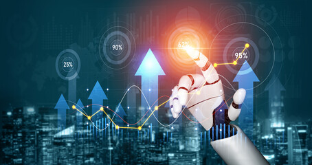 A robotic hand interacts with business data, showcasing growth with digital analytics. This image embodies the integration of technology and finance in modern scenarios. Scalp