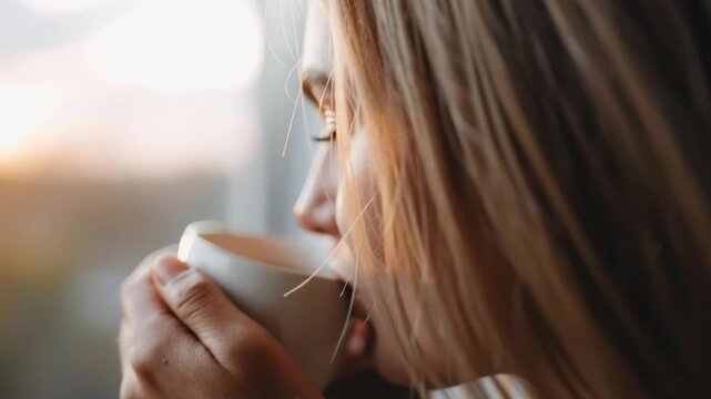 A person is holding a white coffee cup, enjoying a moment of relaxation while looking out the window at the city. The scene is serene and tranquil, with the person's hand wrapped around the warm cup
