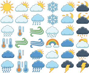 Obraz premium Weather forecast meteorology icons collection with sun clouds rain snow wind rainbow thermometer lightning moon and storm symbols