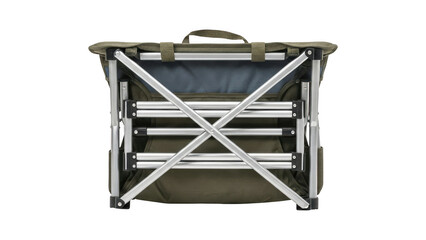 Foldable camping cot with metal frame and canvas top isolated on transparent background