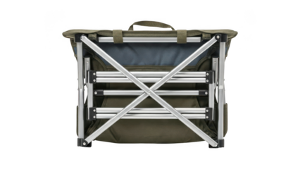 Foldable camping cot with metal frame and canvas top isolated on transparent background