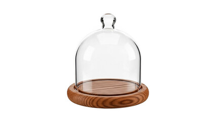 Glass cloche with wooden base on transparent background