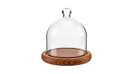 Glass cloche with wooden base on transparent background