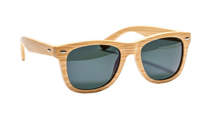 Wooden sunglasses with dark lenses and natural wood grain frame isolated on transparent background
