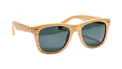 Wooden sunglasses with dark lenses and natural wood grain frame isolated on transparent background