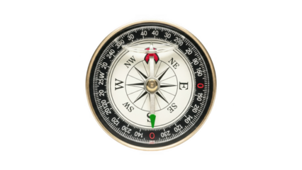 Vintage style compass with red and green directional pointers isolated on transparent background