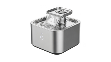 Stainless steel water fountain for pets with modern design and isolated on transparent background