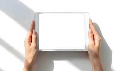 Digital Interaction: Human hands gracefully cradle a sleek digital tablet, offering a blank canvas for limitless digital interaction, and innovation.