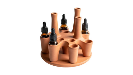A terracotta holder with small bottles on a transparent background