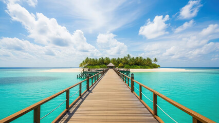 Fototapeta premium Serene island getaway with wooden pier and tropical paradise