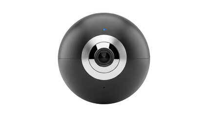 Black spherical security camera with silver ring and blue light on top isolated on transparent background