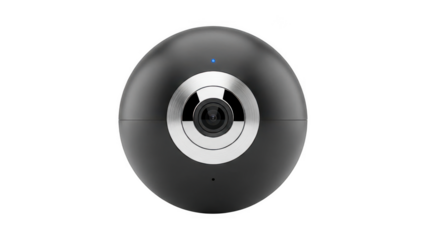 Black spherical security camera with silver ring and blue light on top isolated on transparent background