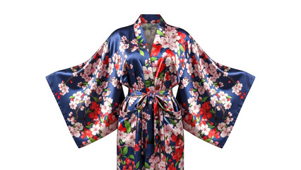 Vibrant floral kimono robe with wide sleeves and colorful pattern isolated on transparent background