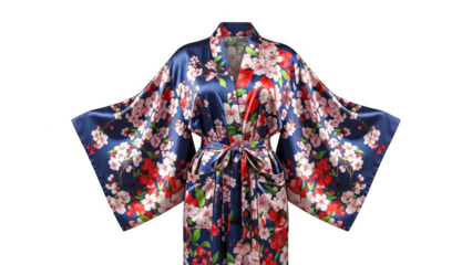Vibrant floral kimono robe with wide sleeves and colorful pattern isolated on transparent background