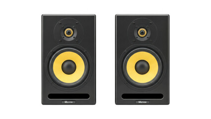 A pair of black speakers with yellow woofers and tweeters on transparent background