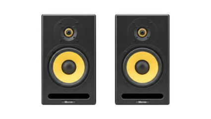 A pair of black speakers with yellow woofers and tweeters on transparent background