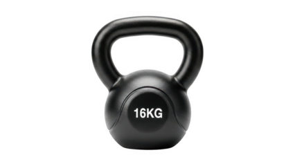 Black 16kg kettlebell weight for fitness and exercise isolated on transparent background