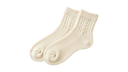 Pair of cream colored baby socks made of soft yarn isolated on transparent background