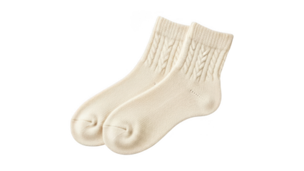 Pair of cream colored baby socks made of soft yarn isolated on transparent background