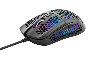 Black gaming mouse with colorful rgb lighting and honeycomb design isolated on transparent background