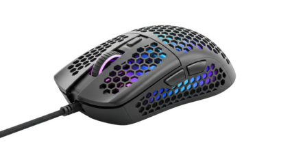 Black gaming mouse with colorful rgb lighting and honeycomb design isolated on transparent background