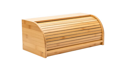 Wooden bread box with slatted design and curved top on transparent background