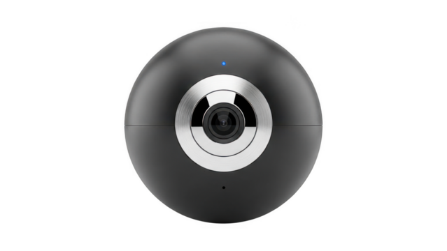 Black spherical security camera with silver ring and blue light on top isolated on transparent background - Powered by Adobe