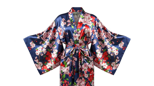 Vibrant floral kimono robe with wide sleeves and colorful pattern isolated on transparent background - Powered by Adobe