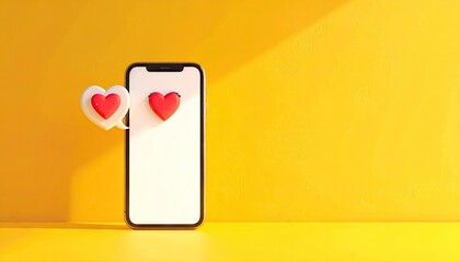 Modern Smartphone Displaying Love Notifications with Floating Hearts Against a Textured Yellow Wall with Dramatic Sunlight and Shadow